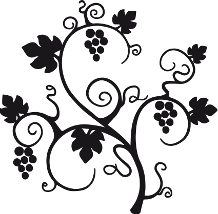 Grafik einer stilisierten Weinranke mit Blättern und Trauben.