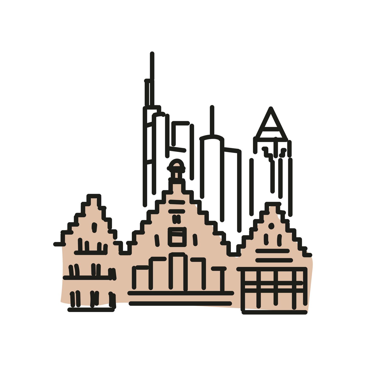 Abstrakte Zeichnung in Farbe vom Römer (Frankfurter Rathaus) und der Frankfurter Skyline dahinter.