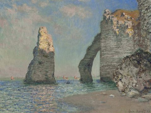 Impressionist coastal painting with sea rocks.