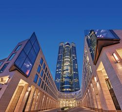 Striking view of illuminated Tower185 at night