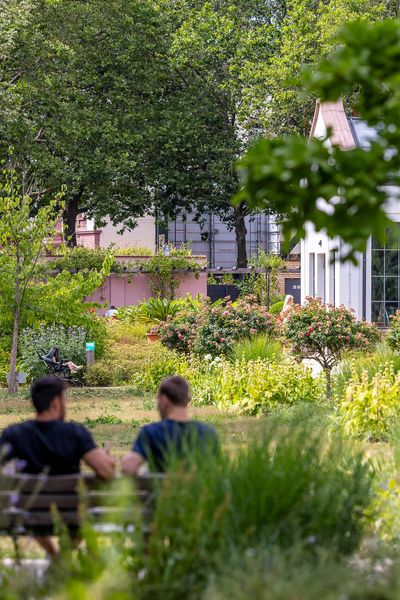 Ein idyllischer Blick in den Bethmannpark in Frankfurt, mit üppiger Vegetation, Sitzbänken und Spazierwegen. Menschen genießen die grüne Umgebung.