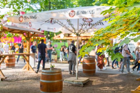 Ein Sonnenschirm und Bierfässer als Tische an einem Getränkestand unter einem Baum. 