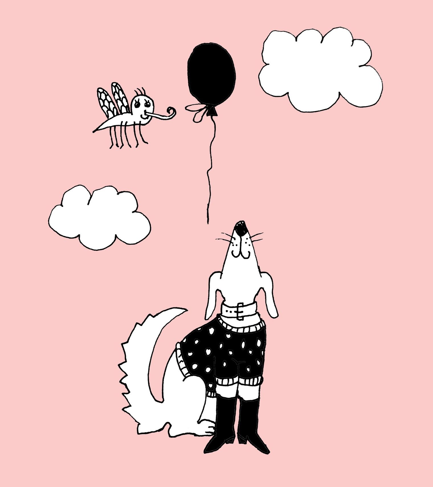 Gezeichnetes Bild mit einem Hund, der in den Himmelschaut und einen Luftballon, Wolken und eine Biene sieht. 