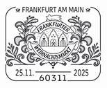 Gezeichneter Stempel auf weißem Untergrund der das Frankfurter Rathaus Römer zeigt.