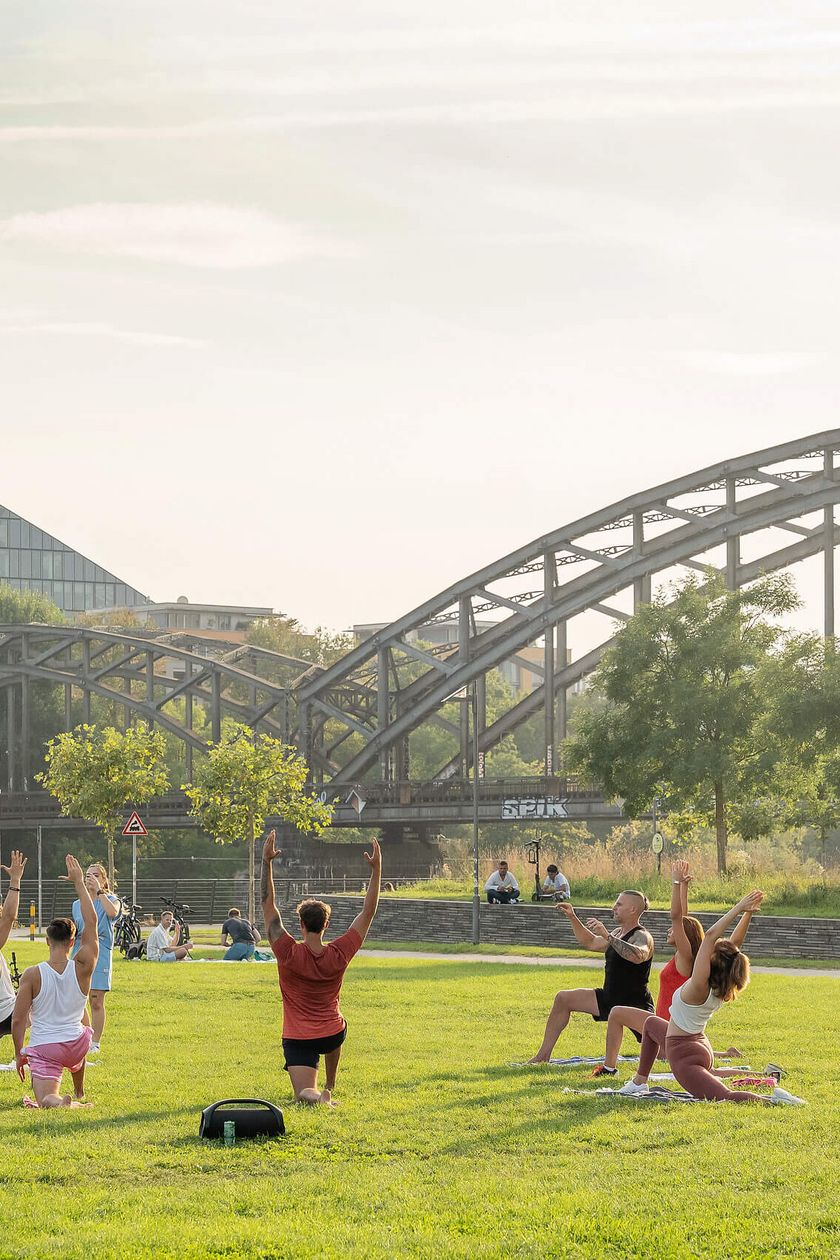 Menschen auf einer Wiese vor der EZB und der Osthafenbrücke in Frankfurt.