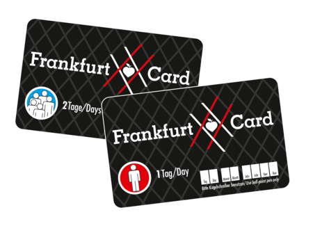 Two Frankfurt Cards. One card is for 2 days (blue group symbol), the other for 1 day (red individual symbol). Both cards have a modern diamond design.