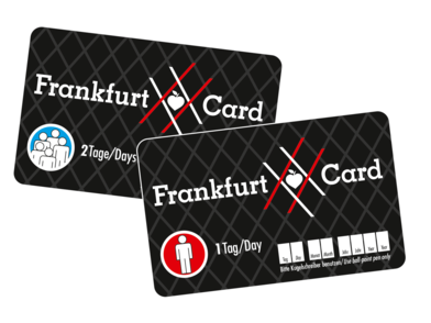 Zwei Frankfurt Cards. Eine Karte ist für 2 Tage (blaues Gruppensymbol), die andere für 1 Tag (rotes Einzelsymbol). Beide Karten haben ein modernes Rautendesign.