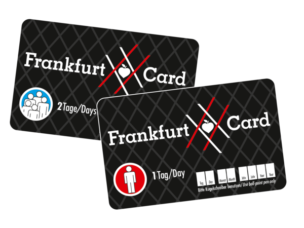 Zwei Frankfurt Cards. Eine Karte ist für 2 Tage (blaues Gruppensymbol), die andere für 1 Tag (rotes Einzelsymbol). Beide Karten haben ein modernes Rautendesign.