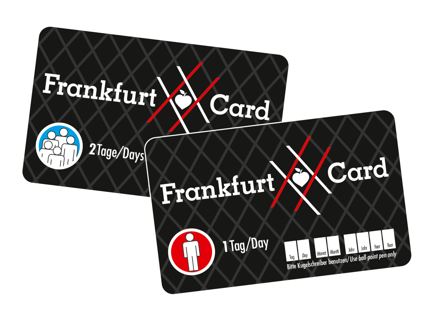 Two Frankfurt Cards. One card is for 2 days (blue group symbol), the other for 1 day (red individual symbol). Both cards have a modern diamond design.