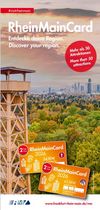 Das Bild zeigt eine Panoramaansicht der Rhein-Main-Region mit Aussicht auf die Skyline von Frankfurt im Hintergrund. Im Vordergrund befindet sich der Goethe Turm, der den Blick auf die Umgebung freigibt. Dazu sind 2 symbolische RheinMainCards abgebildet