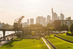 Alte Industriekräne an der Weseler Werft, im Hintergrund die Skyline