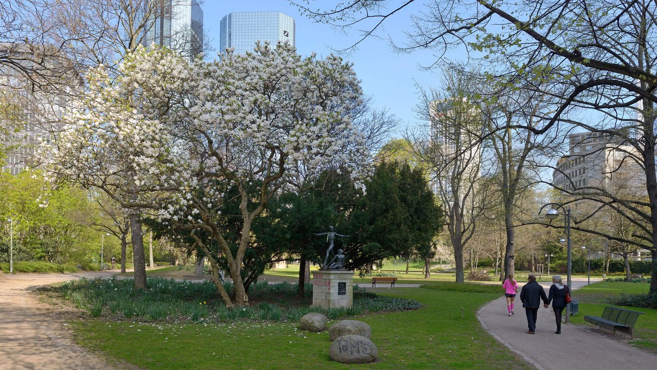 Paar und Jogger laufen in den Frankfurter Wallanlagen im Frühling