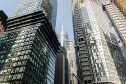 View upwards to the city's skyscrapers.